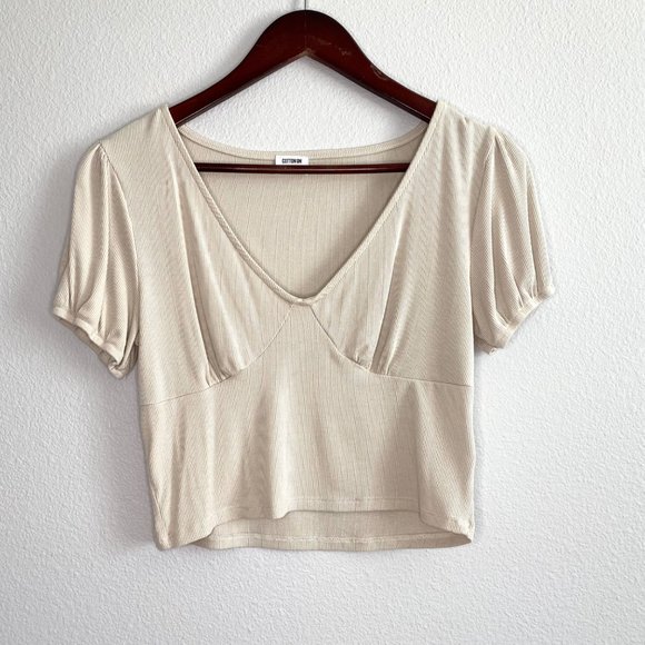 Cotton On Beige Ribbed Puff Sleeve Crop Top - Picture 2 of 12